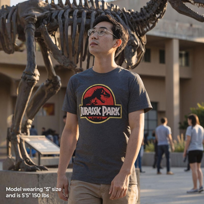 Jurassic Park Men's Classic Movie Logo T-Shirt, Jurassic World Vintage Inspired Shirt, Small Charcoal Heather - Image 3